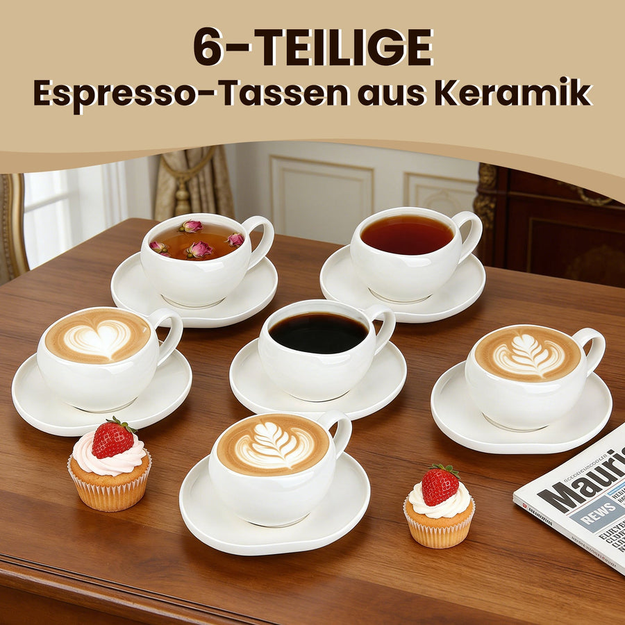 6-teiliges Keramik Cappuccinotassen Set mit Untertassen (200ml), gewelltes Design