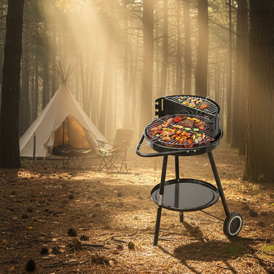 Tragbarer Holzkohlegrill Rundgrill mit Rädern und Windschutz, höhenverstellbarer Edelstahlrost für Garten und Camping