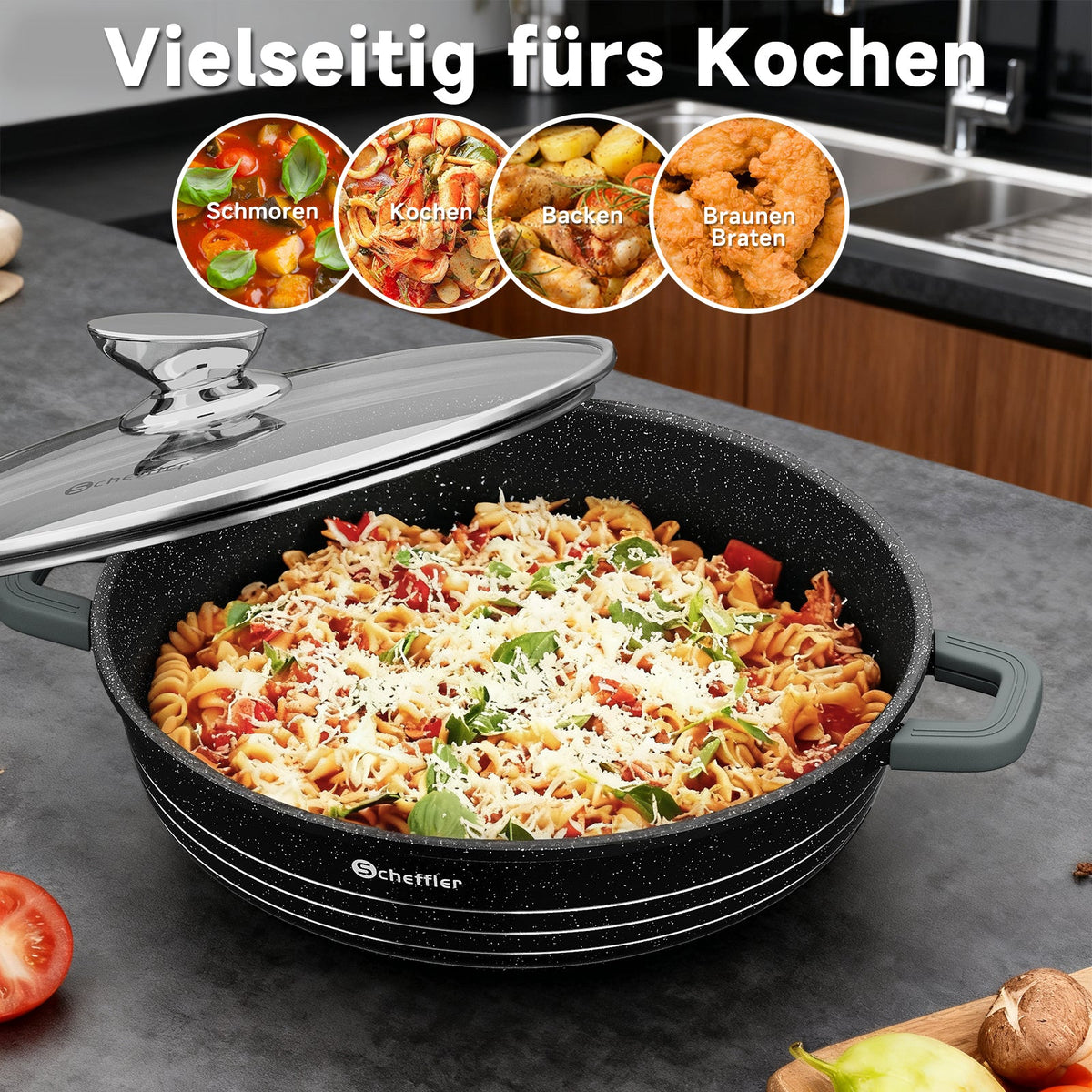 Scheffler Induktions-Servierpfanne aus Aluminiumguss mit marmorierter Antihaftbeschichtung, Glasdeckel und hitzebeständigem Silikongriff