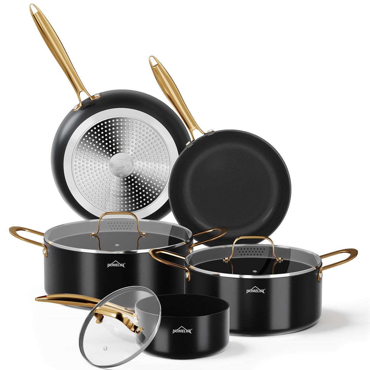 HOMELUX 8-teiliges Induktions-Topfset mit Glasdeckel Kochtöpfe und Pfannen für alle Herdarten in Schwarz