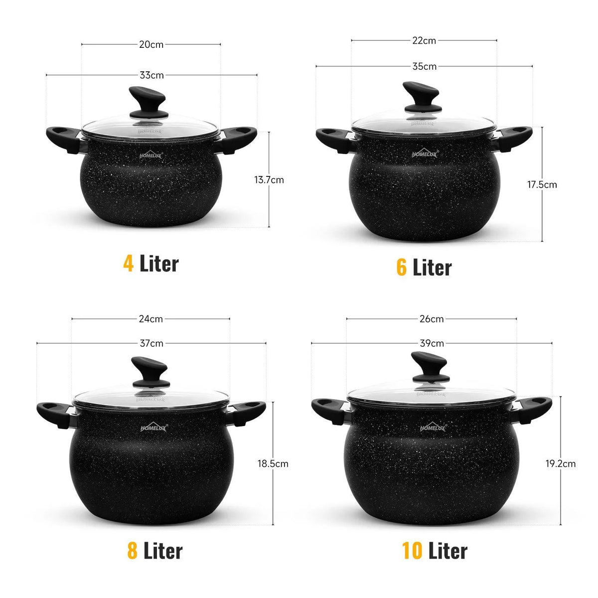 Homelux Kochtöpfe Set, Induktion, Antihaft, Spülmaschine, Glasdeckel, 20cm/4L, 24cm/8L, 28cm/12.5L