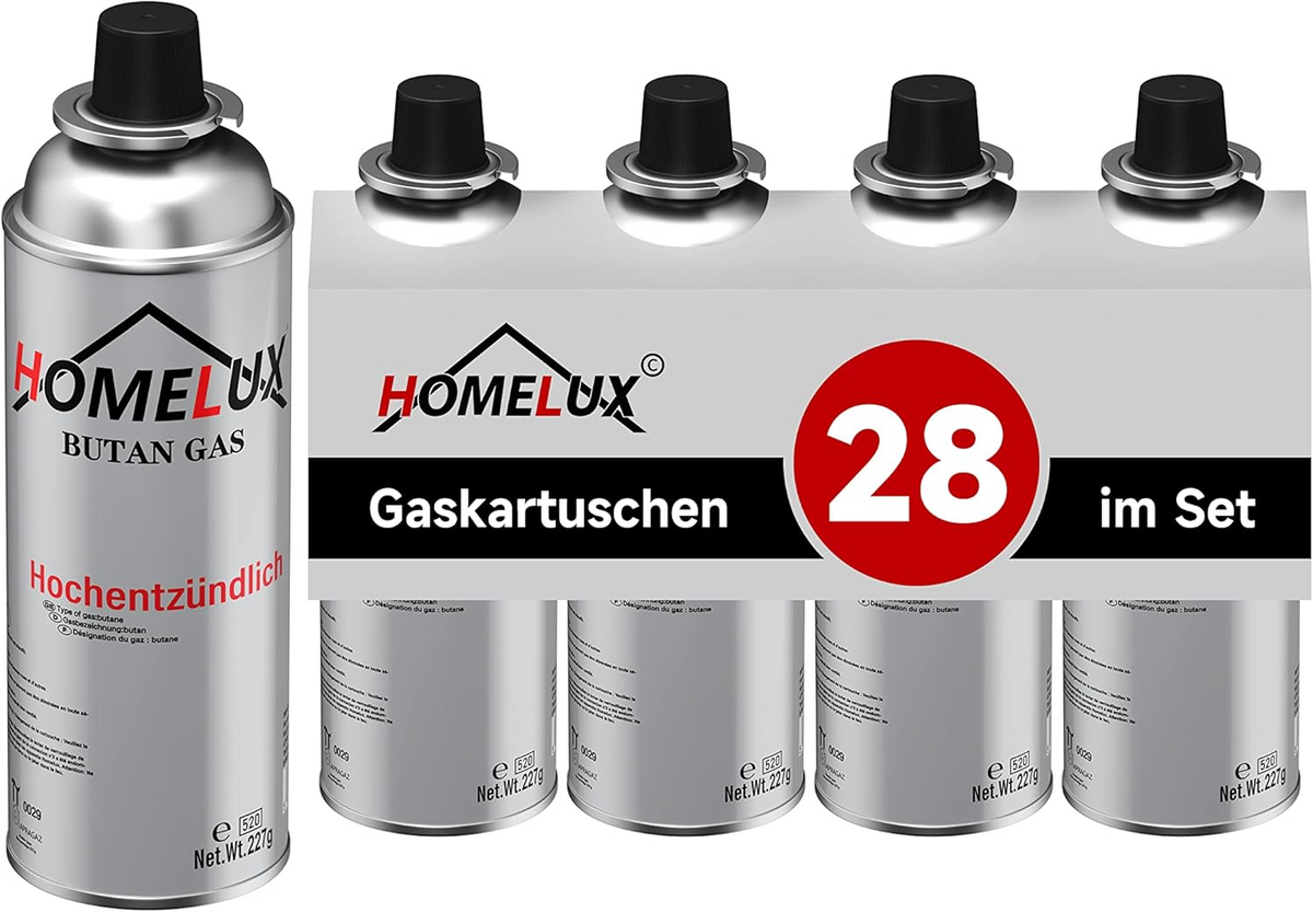 HOMELUX Gaskartuschen 227g, Butan mit Bajonett Ventil, für Campingkocher, Gaskocher, Gasheizung, Gasbrenner, Lötbrenner