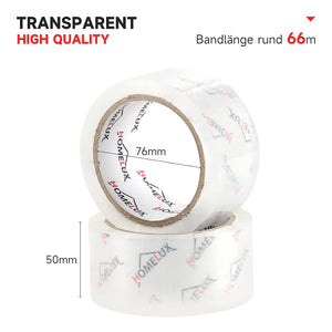 HOMELUX Transparentes Paketklebeband Geräuscharm, 66m lang, 50mm breit, ideal für Paketversand & Versandschachteln