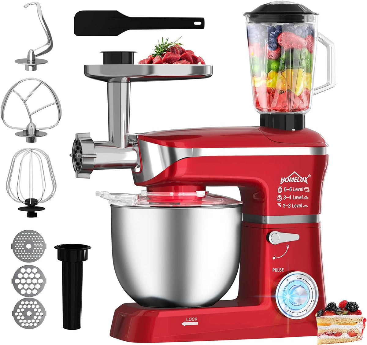 HOMELUX 3-in-1 Küchenmaschine  6L / 5L Fleischwolf, Knetmaschine, 6-stufiger Mixer, 1.5L Saftpresse, Edelstahlschüssel