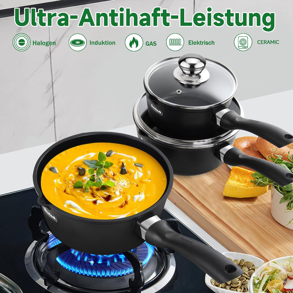Hochwertiges 3-teiliges Induktions-Topfset – Antihaftbeschichtet, mit Glasdeckel & Ausgießer, für alle Herdarten, ideal für Milch, Soßen & Desserts