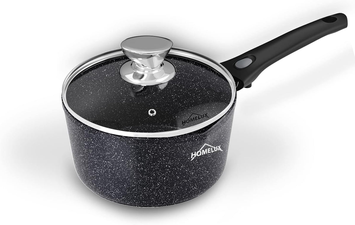 Homelux induction milk pan small cooking pot with pouring spout, saucepan, removable handle. Aluminium, non-stick coating