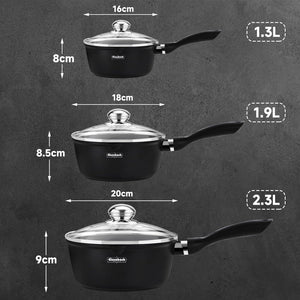Hochwertiges 3-teiliges Induktions-Topfset – Antihaftbeschichtet, mit Glasdeckel & Ausgießer, für alle Herdarten, ideal für Milch, Soßen & Desserts