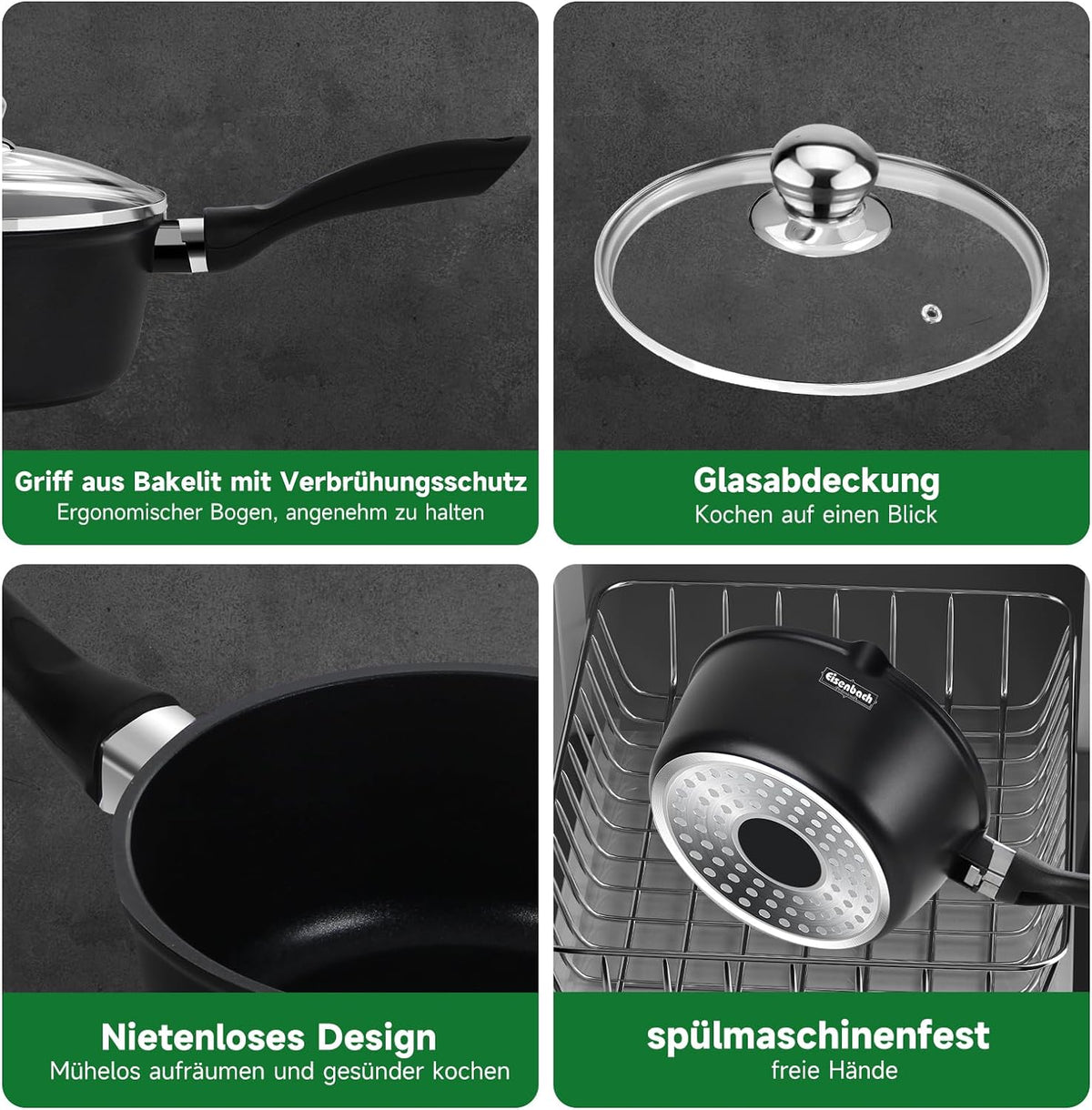 Hochwertiges 3-teiliges Induktions-Topfset – Antihaftbeschichtet, mit Glasdeckel & Ausgießer, für alle Herdarten, ideal für Milch, Soßen & Desserts