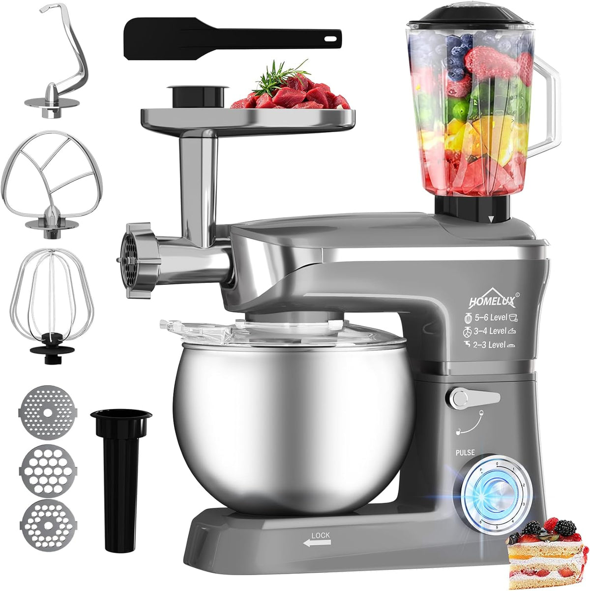 HOMELUX 3-in-1 Küchenmaschine  6L / 5L Fleischwolf, Knetmaschine, 6-stufiger Mixer, 1.5L Saftpresse, Edelstahlschüssel