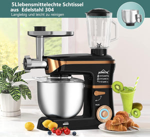 HOMELUX 3-in-1 Küchenmaschine  6L / 5L Fleischwolf, Knetmaschine, 6-stufiger Mixer, 1.5L Saftpresse, Edelstahlschüssel