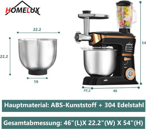 HOMELUX 3-in-1 Küchenmaschine  6L / 5L Fleischwolf, Knetmaschine, 6-stufiger Mixer, 1.5L Saftpresse, Edelstahlschüssel