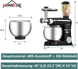 HOMELUX 3-in-1 Küchenmaschine  6L / 5L Fleischwolf, Knetmaschine, 6-stufiger Mixer, 1.5L Saftpresse, Edelstahlschüssel