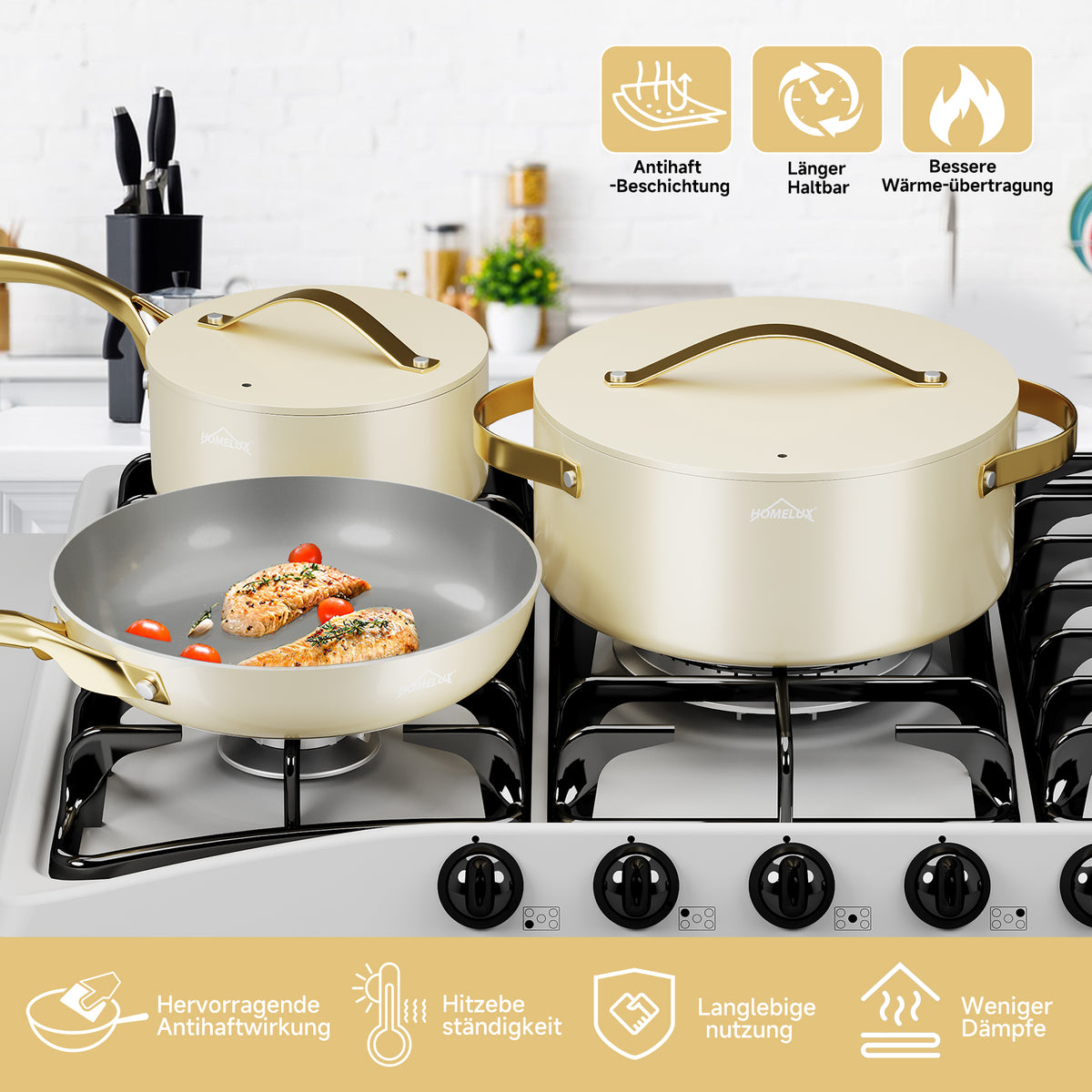 HOMELUX 8-teiliges Induktions-Topfset inklusive Bratpfannen und Glasdeckeln für die moderne Küche