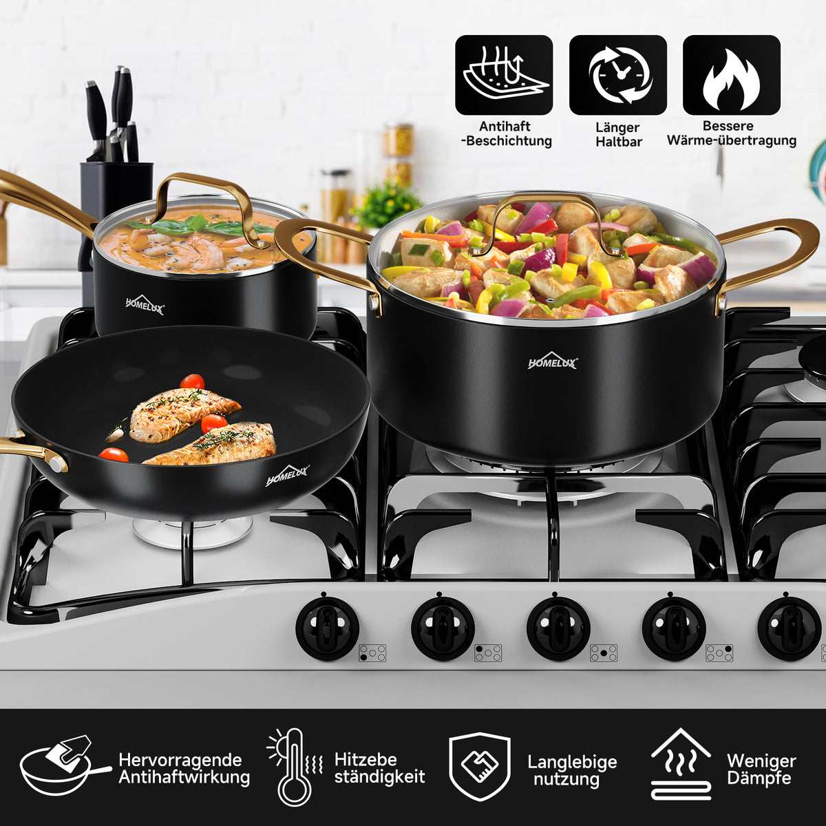 HOMELUX 8-teiliges Induktions-Topfset mit Glasdeckel Kochtöpfe und Pfannen für alle Herdarten in Schwarz