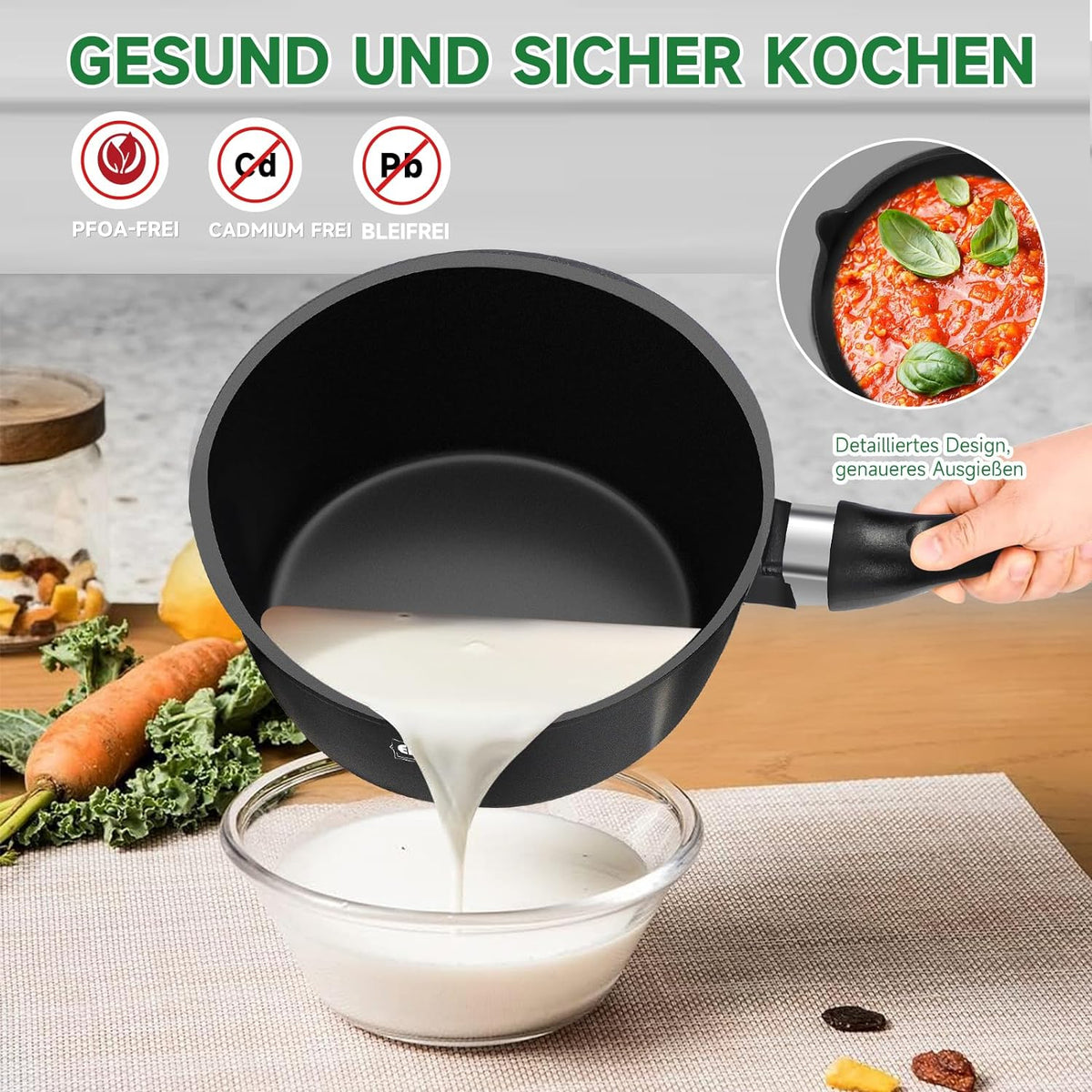 Hochwertiges 3-teiliges Induktions-Topfset – Antihaftbeschichtet, mit Glasdeckel & Ausgießer, für alle Herdarten, ideal für Milch, Soßen & Desserts