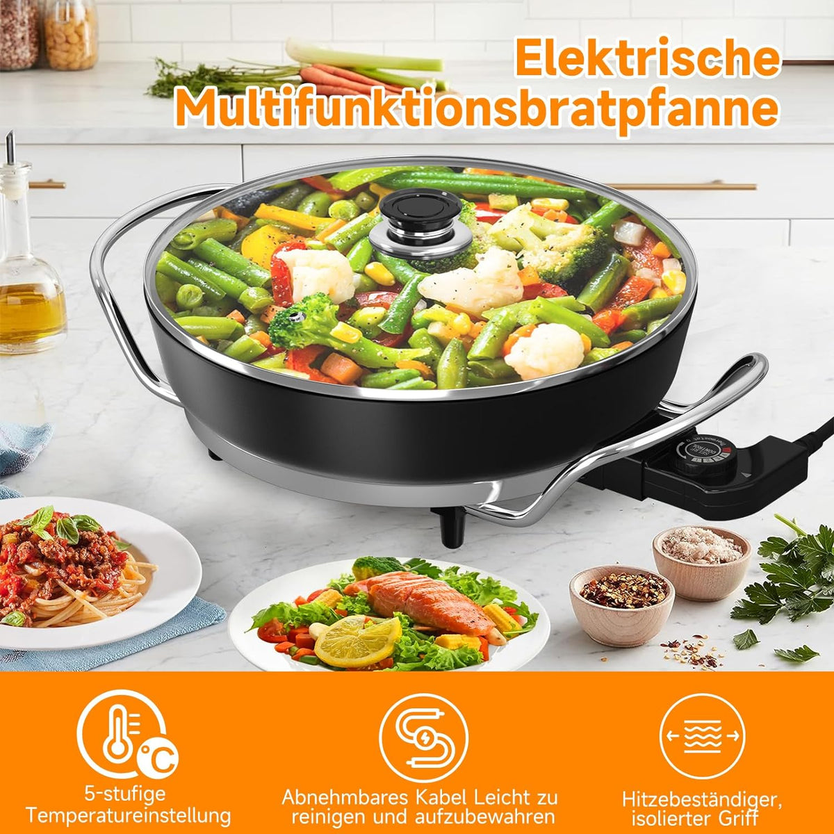Scheffler Elektrische Pfanne: 5 Temperatureinstellungen, Pizzapfanne, Multifunktionspfanne mit Antihaftbeschichtung und Deckel
