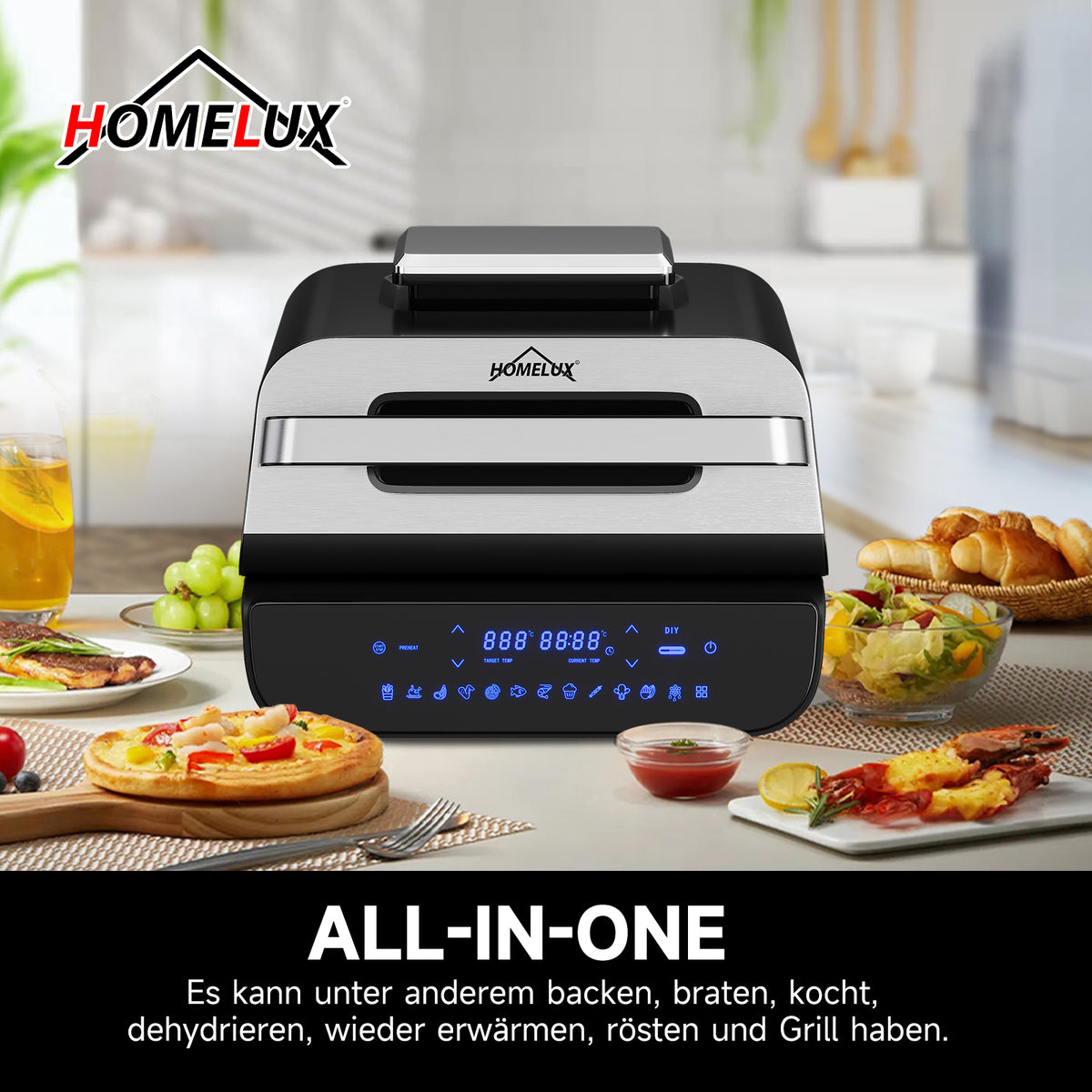 6-Funktionen HOMELUX Fritteuse, Kontaktgrill, Digital, Touch
