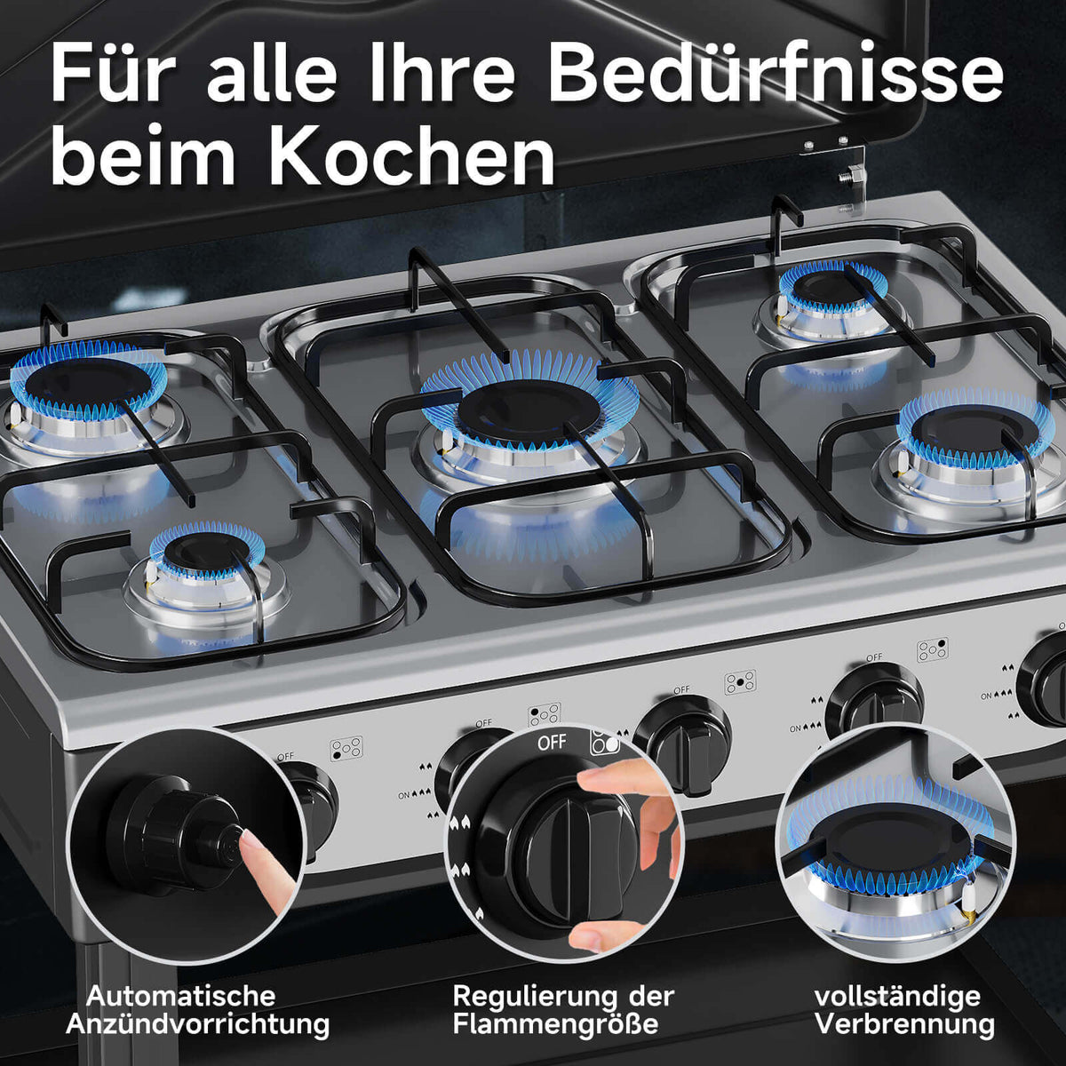 HOMELUX 5-flammiger Camping Gaskocher mit Regalen 7,2 kW Gaskocher mit 1,5 m Anschlussschlauch und 50 mbar Druckminderer
