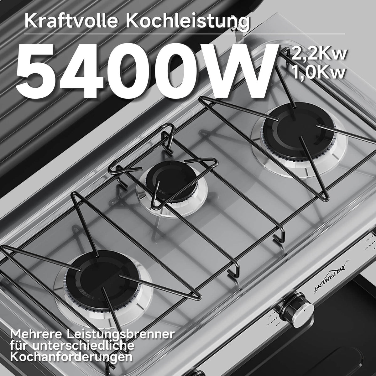 HOMELUX 3-flammiger 5,4 kW Gaskocher Camping Gaskocher mit Regalen mit 1,5 m Anschlussschlauch und 50 mbar Druckminderer