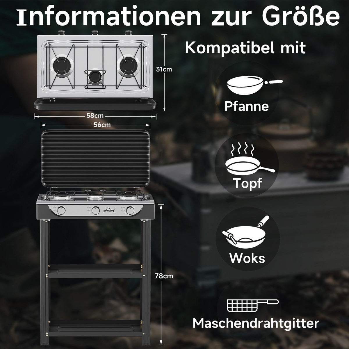 HOMELUX 3-flammiger 5,4 kW Gaskocher Camping Gaskocher mit Regalen mit 1,5 m Anschlussschlauch und 50 mbar Druckminderer