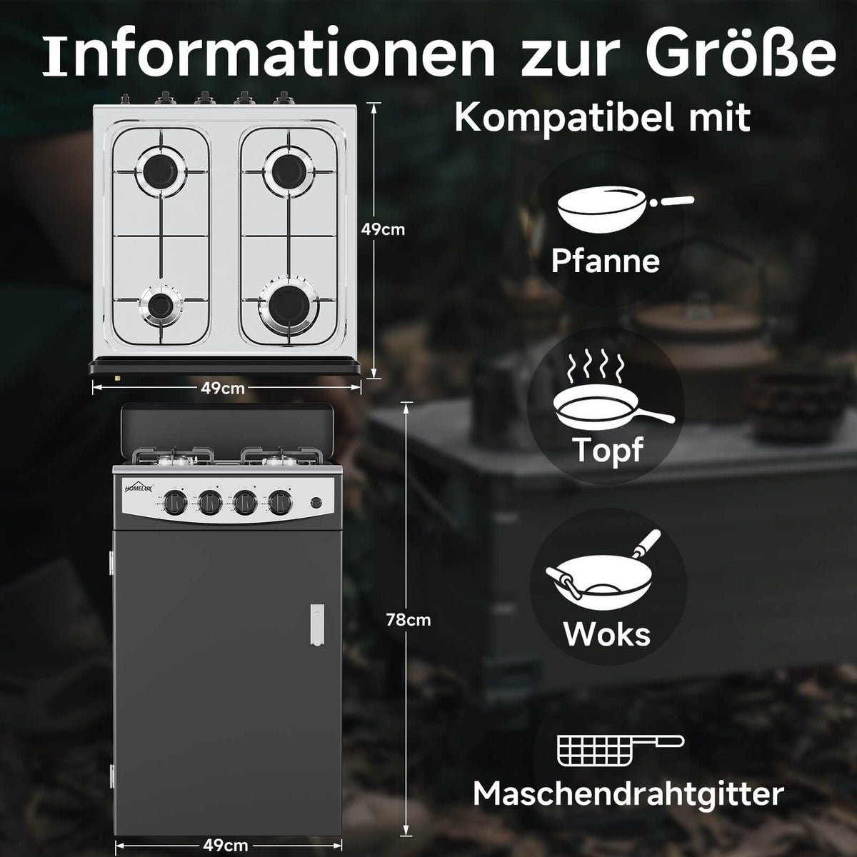 HOMELUX 4-flammiger Camping Gaskocher mit Aufbewahrungsbox 6,2 kW Gaskocher mit 1,5 m Anschlussschlauch und 50 mbar Druckminderer