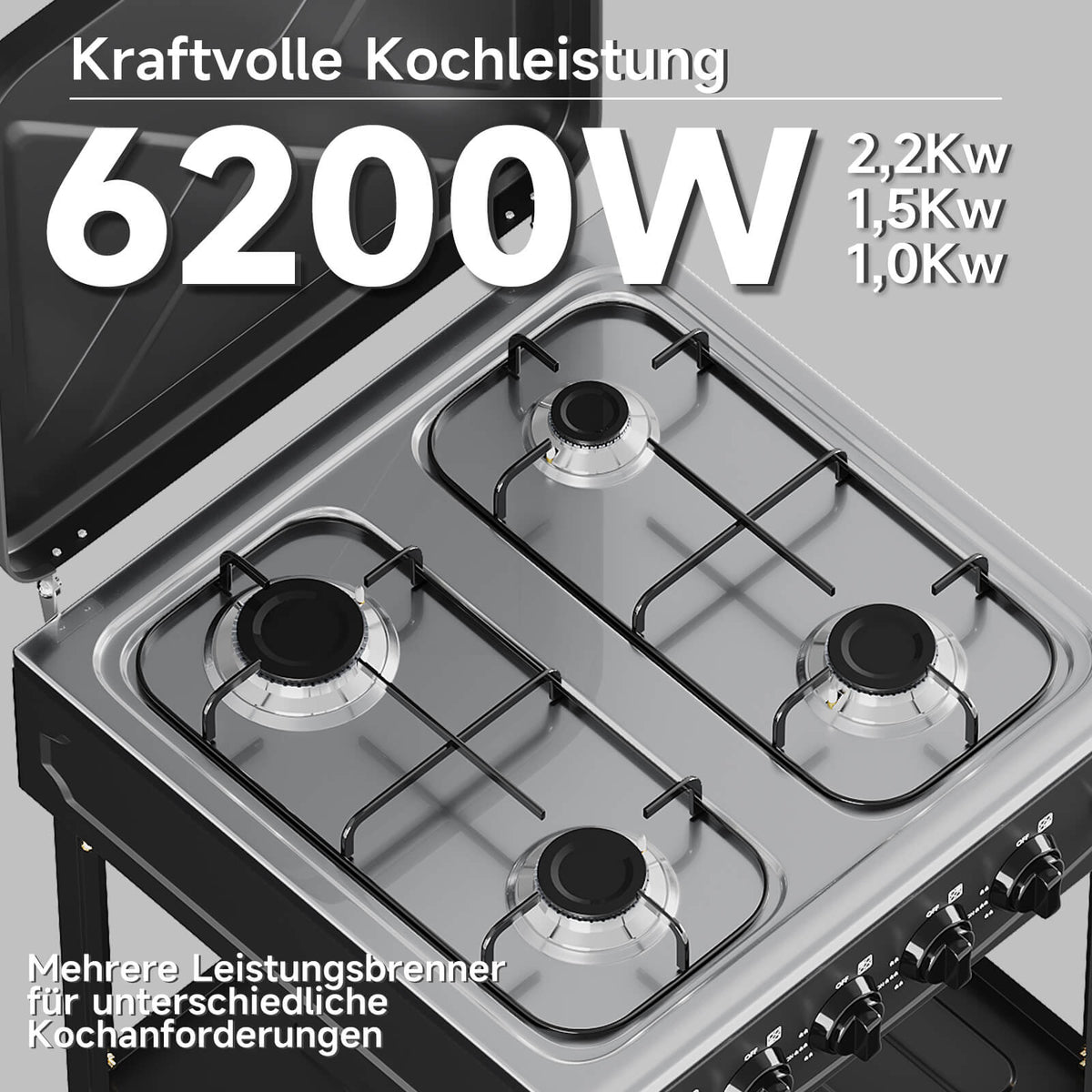 HOMELUX 4-flammiger Camping Gaskocher mit Regalen 6,2 kW Gaskocher mit 1,5 m Anschlussschlauch und 50 mbar Druckminderer