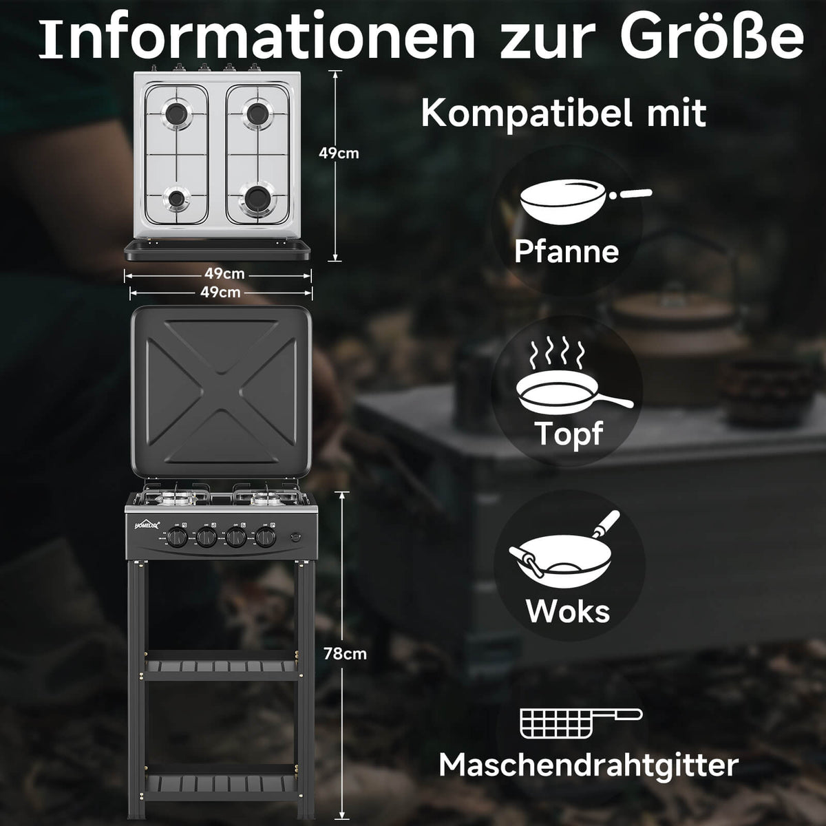 HOMELUX 4-flammiger Camping Gaskocher mit Regalen 6,2 kW Gaskocher mit 1,5 m Anschlussschlauch und 50 mbar Druckminderer