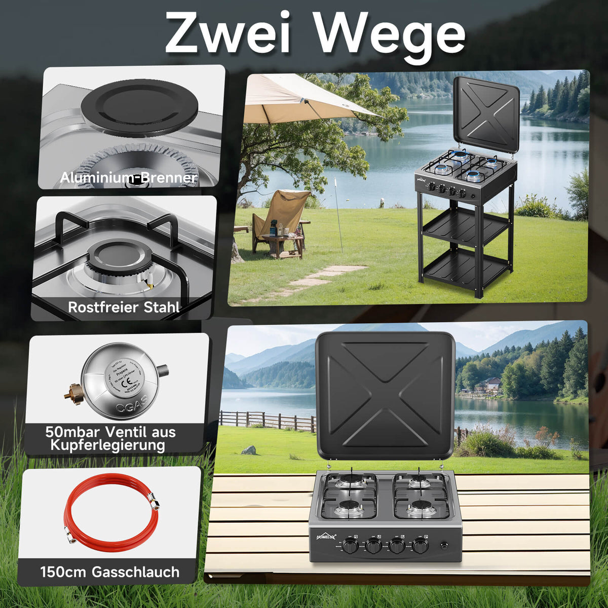 HOMELUX 4-flammiger Camping Gaskocher mit Regalen 6,2 kW Gaskocher mit 1,5 m Anschlussschlauch und 50 mbar Druckminderer