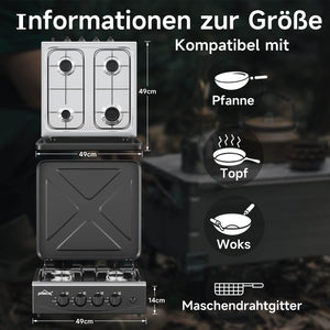 HOMELUX 4-flammiger Camping Gaskocher 6,2 kW Outdoor Kocher mit 1,5 m Anschlussschlauch & 50 mbar Druckminderer