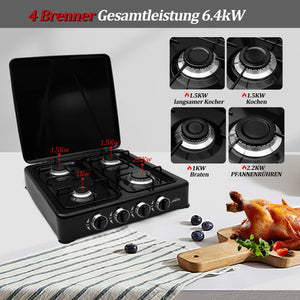 HOMELUX 6,2 KW Gaskocher,4 flammig Campingkocher Kochfeld Kocher mit Deckel Herd Gas Outdoor