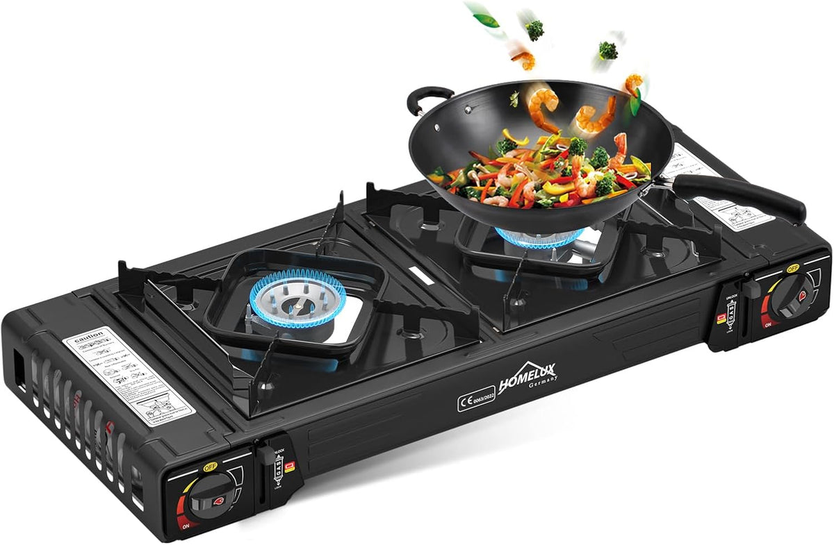 Gaskocher Campingkocher 2 Flammig HOMELUX Gaskocher mit / ohne Gaskartuschen, für Grill Camper im Outdoor Camping