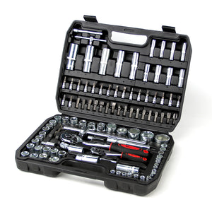 108-teiliges Steckschlüssel-Set mit 1/2 und 1/4 Zoll Knarren, E-Torx, Tief- und Flachnüssen im stabilen Koffer