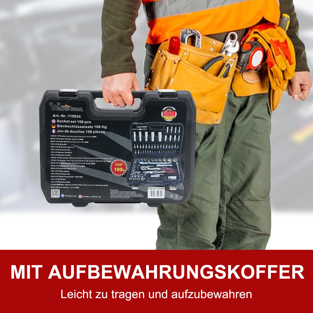 108-teiliges Steckschlüssel-Set mit 1/2 und 1/4 Zoll Knarren, E-Torx, Tief- und Flachnüssen im stabilen Koffer