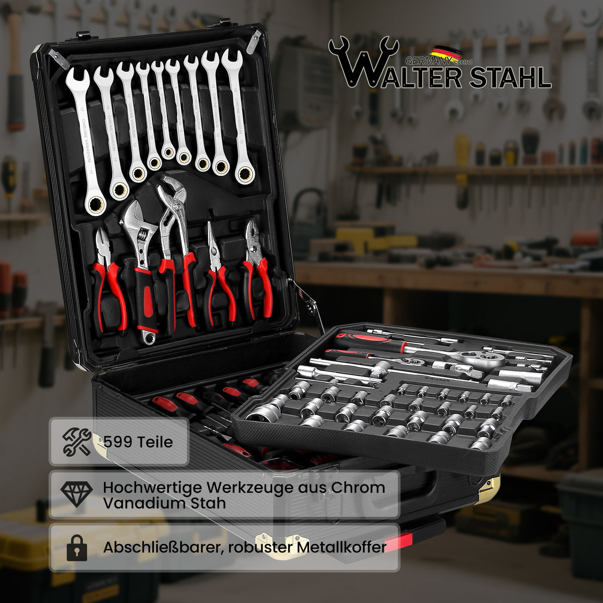 Werkzeugkoffer 599-tlg, Aluminiumkoffer, vielseitiges Werkzeugset für Werkstatt & Haushalt