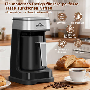 HOMELUX Türkische Kaffeemaschine 650W, Elektrischer Mokka-Zubereiter für 1-4 Tassen, 2 Brühmodi, Ein-Tasten-Bedienung, BPA-frei