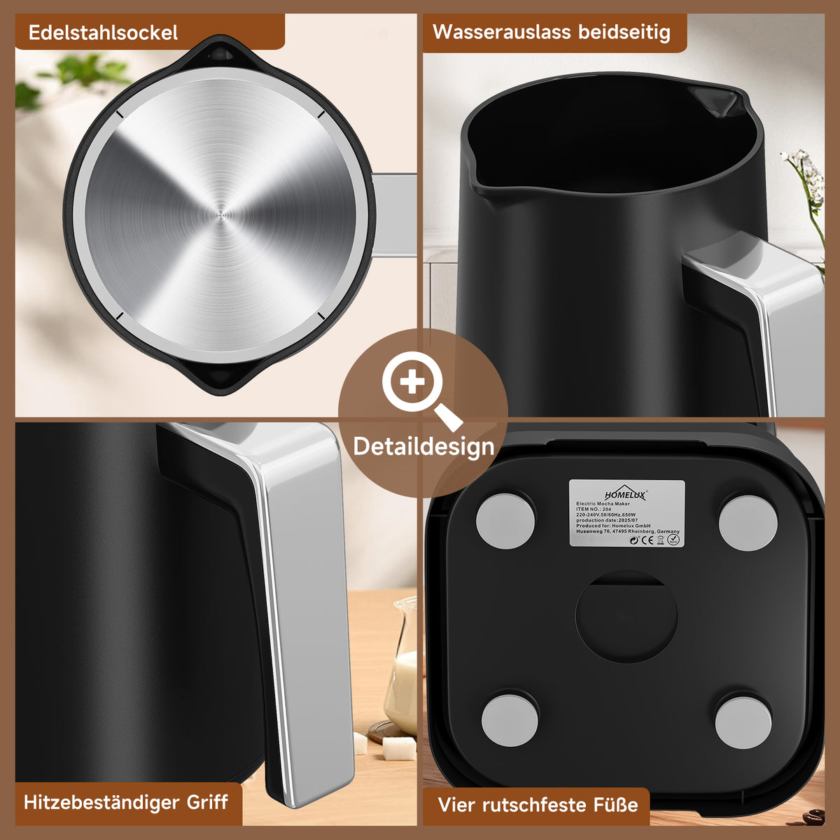 HOMELUX Türkische Kaffeemaschine 650W, Elektrischer Mokka-Zubereiter für 1-4 Tassen, 2 Brühmodi, Ein-Tasten-Bedienung, BPA-frei