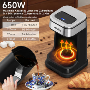 HOMELUX Türkische Kaffeemaschine 650W, Elektrischer Mokka-Zubereiter für 1-4 Tassen, 2 Brühmodi, Ein-Tasten-Bedienung, BPA-frei