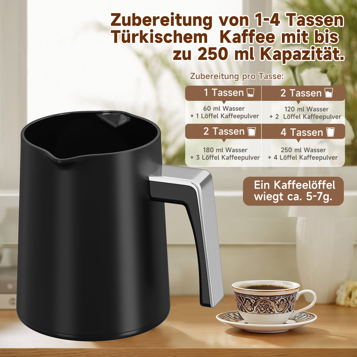 HOMELUX Türkische Kaffeemaschine 650W, Elektrischer Mokka-Zubereiter für 1-4 Tassen, 2 Brühmodi, Ein-Tasten-Bedienung, BPA-frei