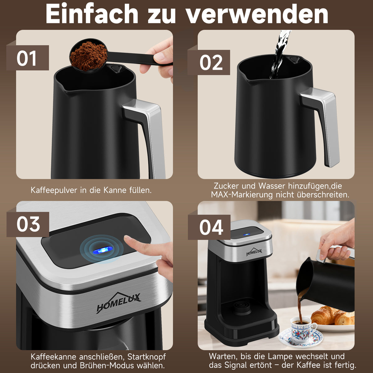 HOMELUX Türkische Kaffeemaschine 650W, Elektrischer Mokka-Zubereiter für 1-4 Tassen, 2 Brühmodi, Ein-Tasten-Bedienung, BPA-frei