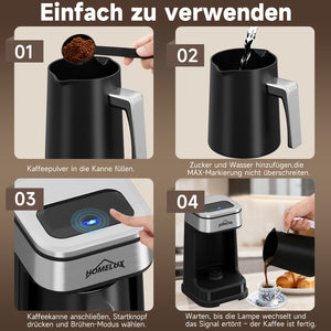 HOMELUX Türkische Kaffeemaschine 650W, Elektrischer Mokka-Zubereiter für 1-4 Tassen, 2 Brühmodi, Ein-Tasten-Bedienung, BPA-frei