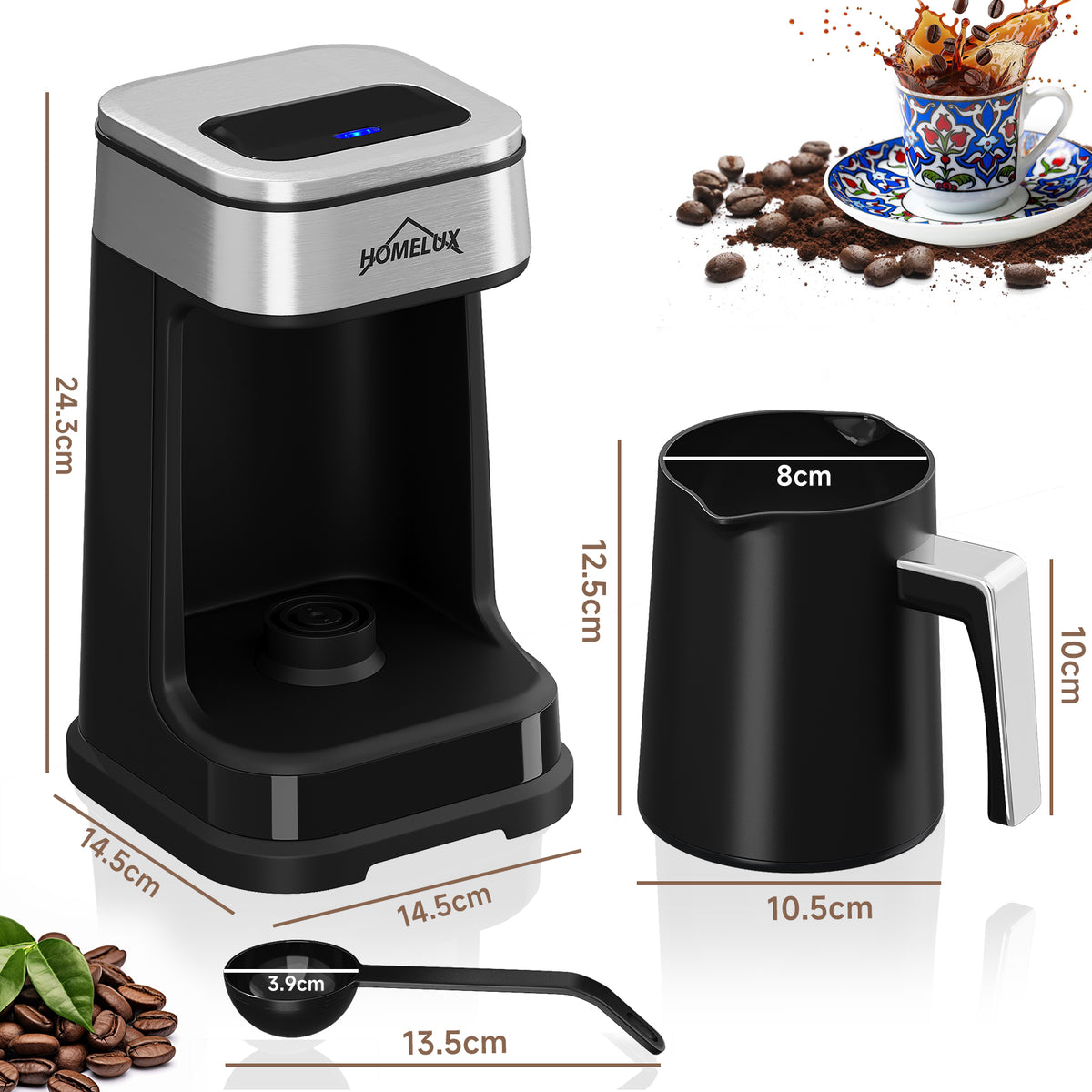 HOMELUX Türkische Kaffeemaschine 650W, Elektrischer Mokka-Zubereiter für 1-4 Tassen, 2 Brühmodi, Ein-Tasten-Bedienung, BPA-frei