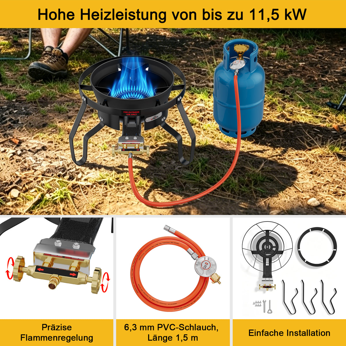 HOMELUX Hochdruck-Gasherd 11,5 kW, Hocker-Kocher aus Gusseisen, Doppelregelventil, Windschutz und Gasschlauch