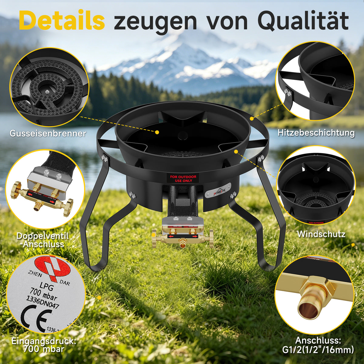 HOMELUX Hochdruck-Gasherd 11,5 kW, Hocker-Kocher aus Gusseisen, Doppelregelventil, Windschutz und Gasschlauch