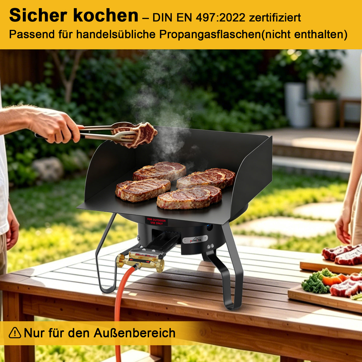 HOMELUX Hochdruck-Gasherd 11,5 kW, Hocker-Kocher aus Gusseisen, Doppelregelventil, Windschutz und Gasschlauch