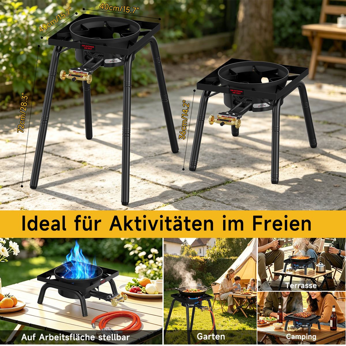 HOMELUX Gas-Hockerkocher 11,5 kW, höhenverstellbarer Outdoor-Gaskocher aus Gusseisen für Camping & den Garten