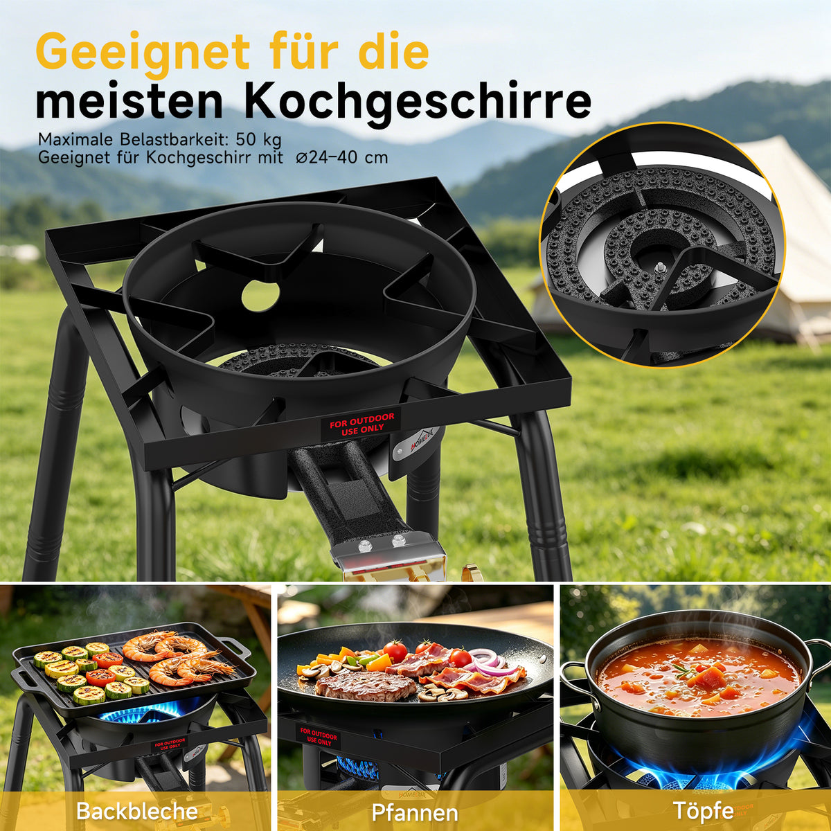 HOMELUX Gas-Hockerkocher 11,5 kW, höhenverstellbarer Outdoor-Gaskocher aus Gusseisen für Camping & den Garten