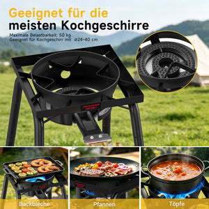 HOMELUX Gas-Hockerkocher 11,5 kW, höhenverstellbarer Outdoor-Gaskocher aus Gusseisen für Camping & den Garten