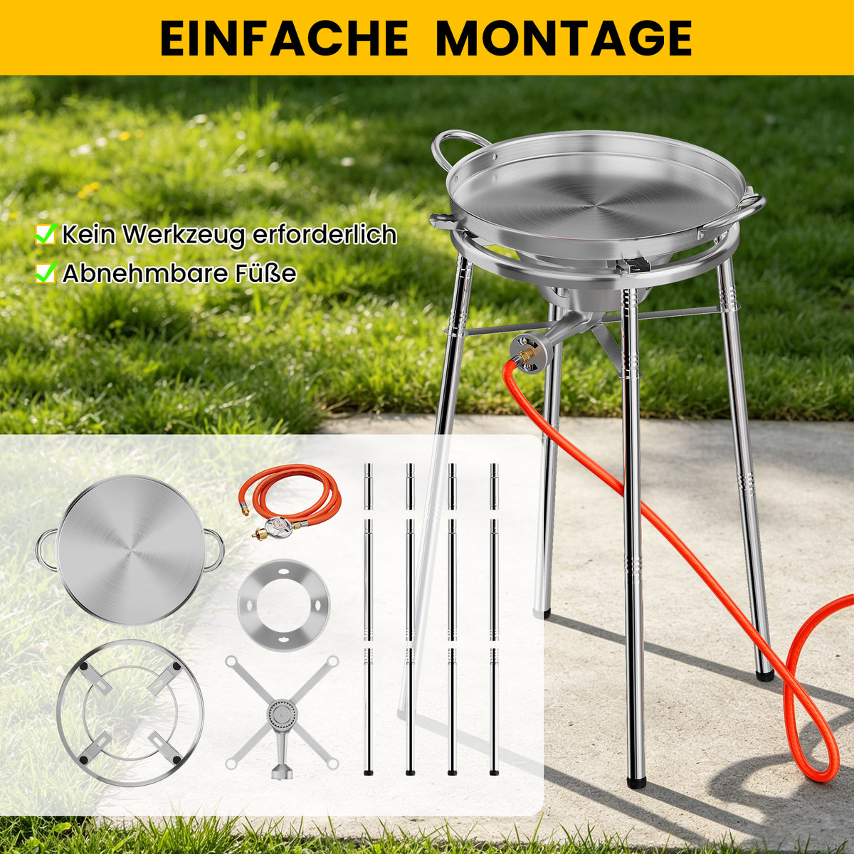 HOMELUX Edelstahl-Paellaset 3400W, modularer Gaskocher mit 41 cm Edelstahlpfanne, höhenverstellbaren Beinen, für den Gartenbereich