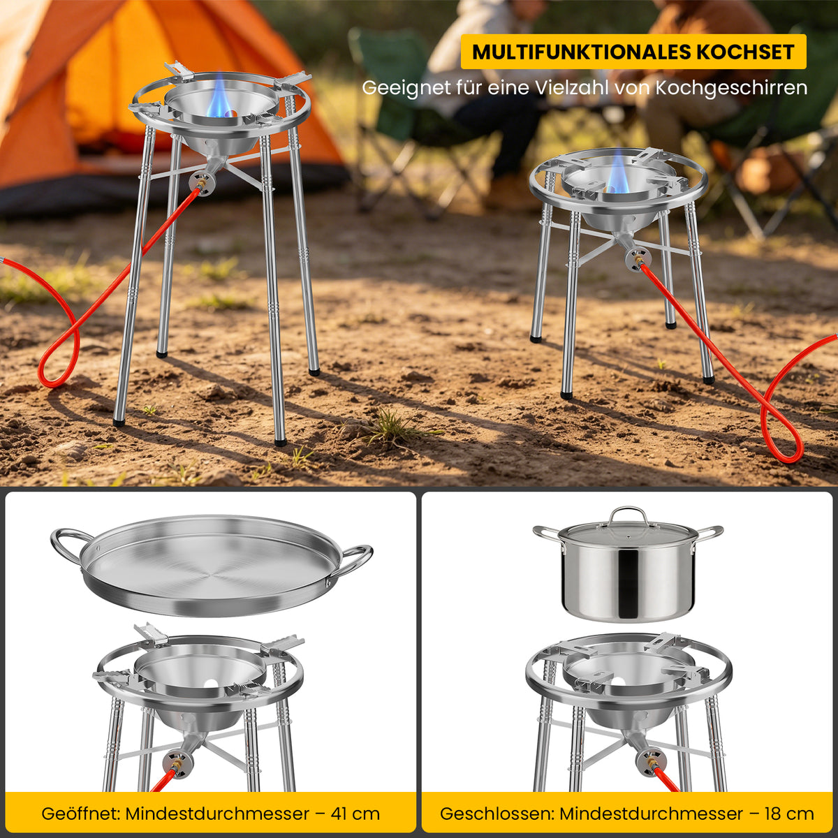 HOMELUX Edelstahl-Paellaset 3400W, modularer Gaskocher mit 41 cm Edelstahlpfanne, höhenverstellbaren Beinen, für den Gartenbereich