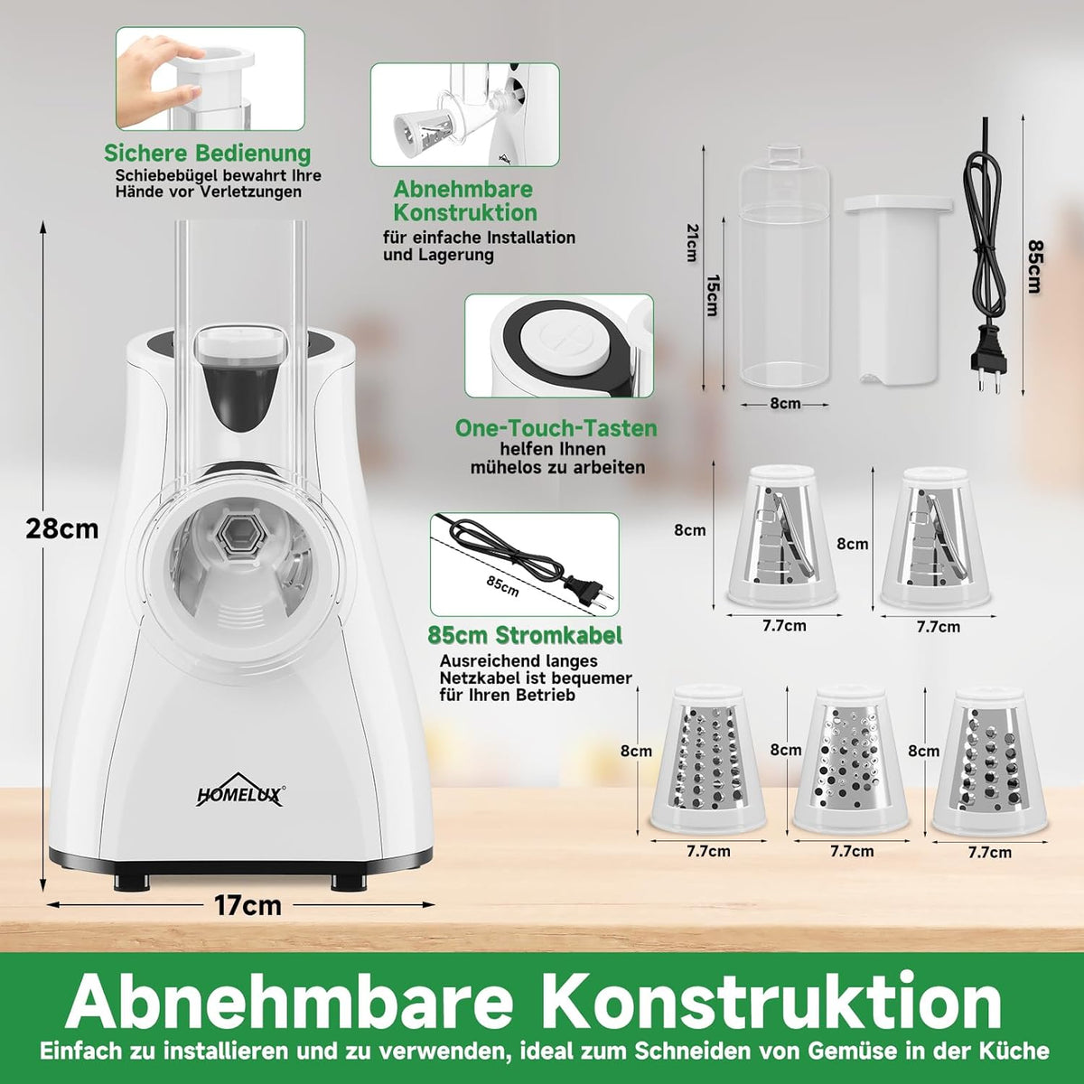HOMELUX Elektrischer 5-fach Reibe Käsehobel Gemüseschneider Trommelklingen